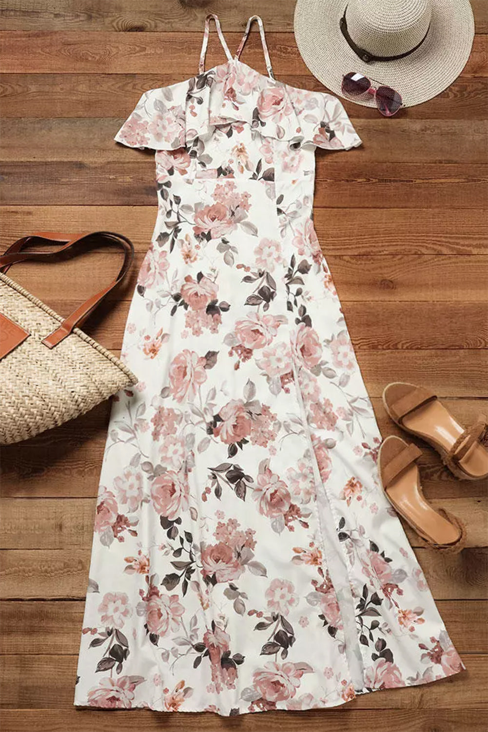 Robe Maxi Blanche Florale à Volants | Col Halter Fendue