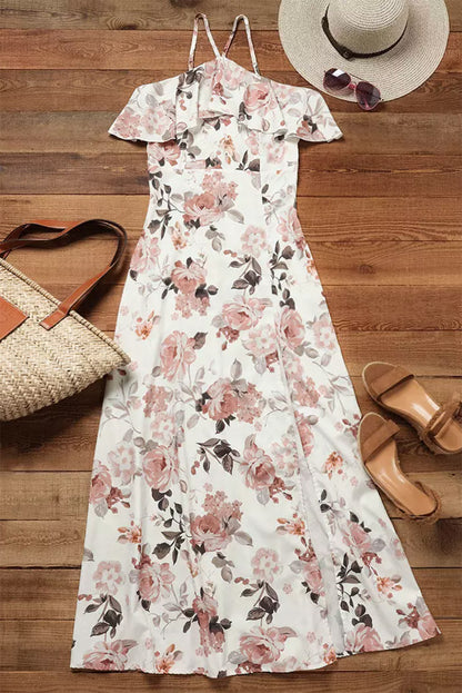 Robe Maxi Blanche Florale à Volants | Col Halter Fendue
