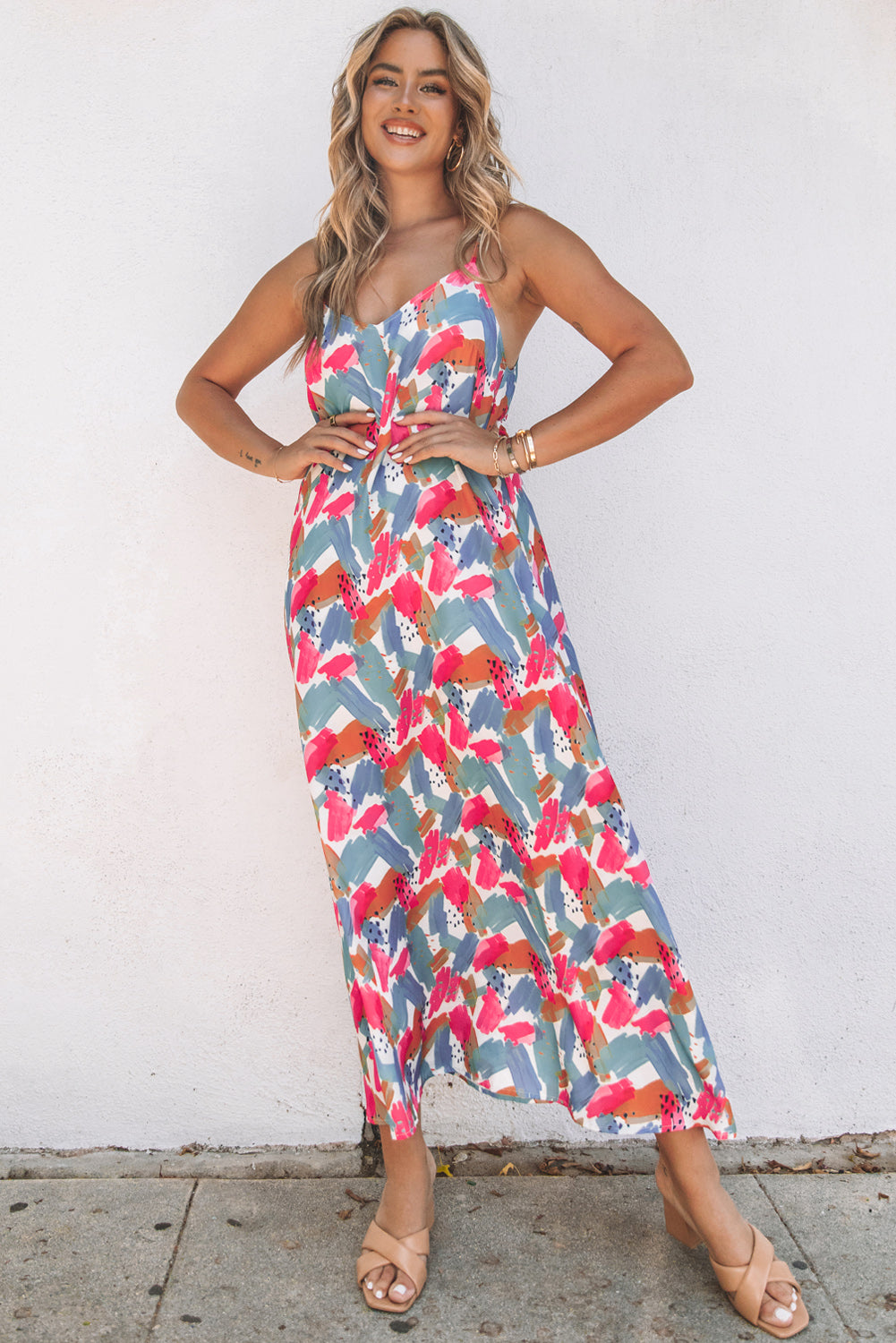 Robe Maxi à Bretelles Spaghetti Imprimé Abstrait Multicolore