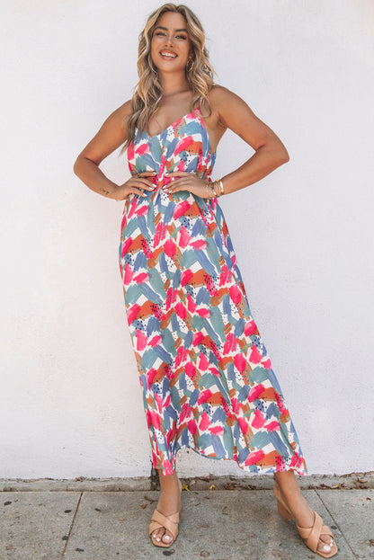 Robe Maxi à Bretelles Spaghetti Imprimé Abstrait Multicolore