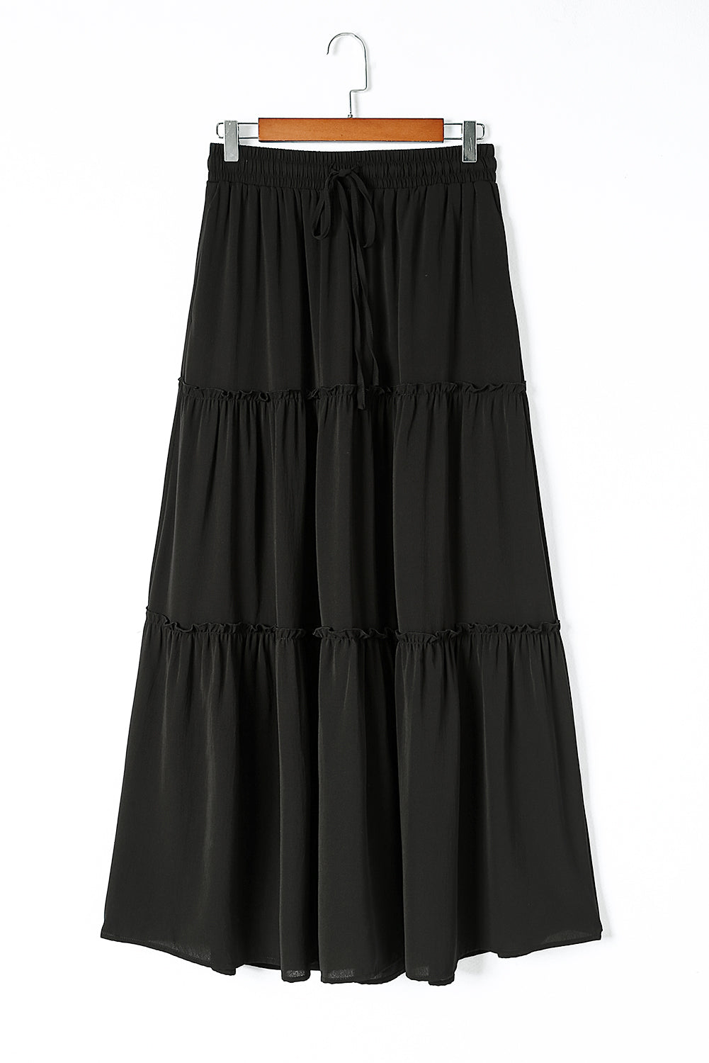 Jupe Maxi Noire à Volants – Taille Cordon, Effet Tieré