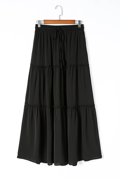 Jupe Maxi Noire à Volants – Taille Cordon, Effet Tieré