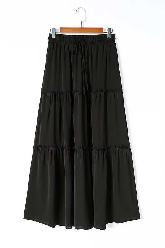 Jupe Maxi Noire à Volants – Taille Cordon, Effet Tieré