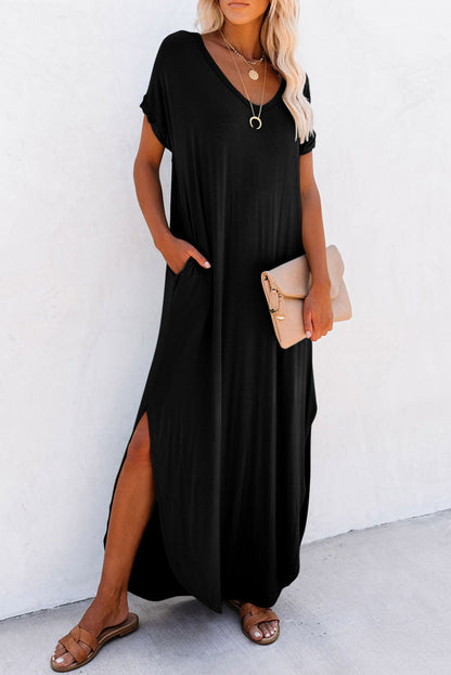Robe Maxi — Col V, Poches Cachées, Fentes Latérales