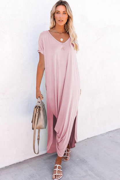 Robe Maxi — Col V, Poches Cachées, Fentes Latérales