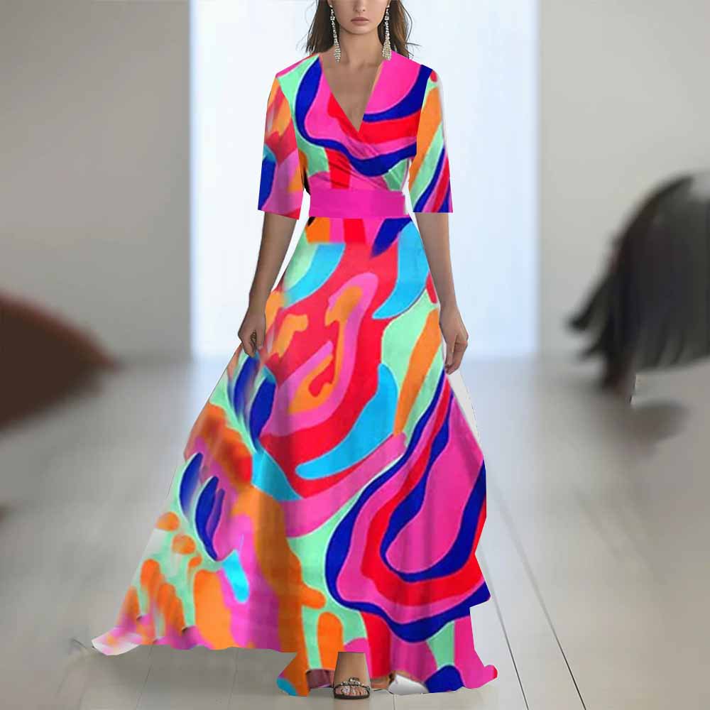 Robe Longue Fleurie à Manches Longues – Col Rond, Coupe A-Line, Fermeture Zip
