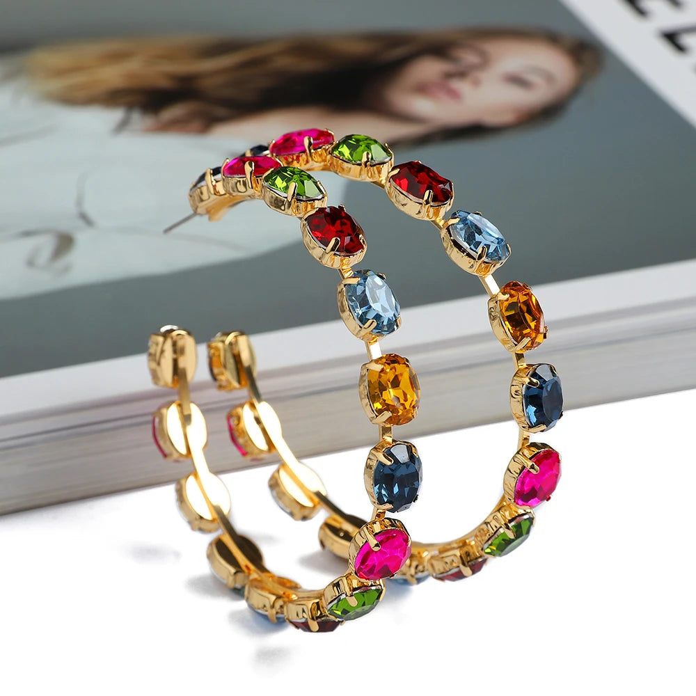 Grandes Créoles Rondes Cristal Coloré | Boucles d'Oreilles Femme Élégantes | Mariage & Soirée Luxe