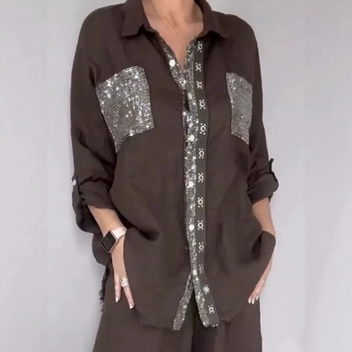 Ensemble Pantalon Femme Style Rétro — Chemise Manches Longues & Pantalon 3/4