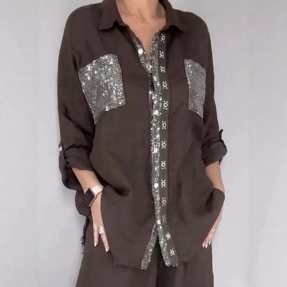 Ensemble Pantalon Femme Style Rétro — Chemise Manches Longues & Pantalon 3/4