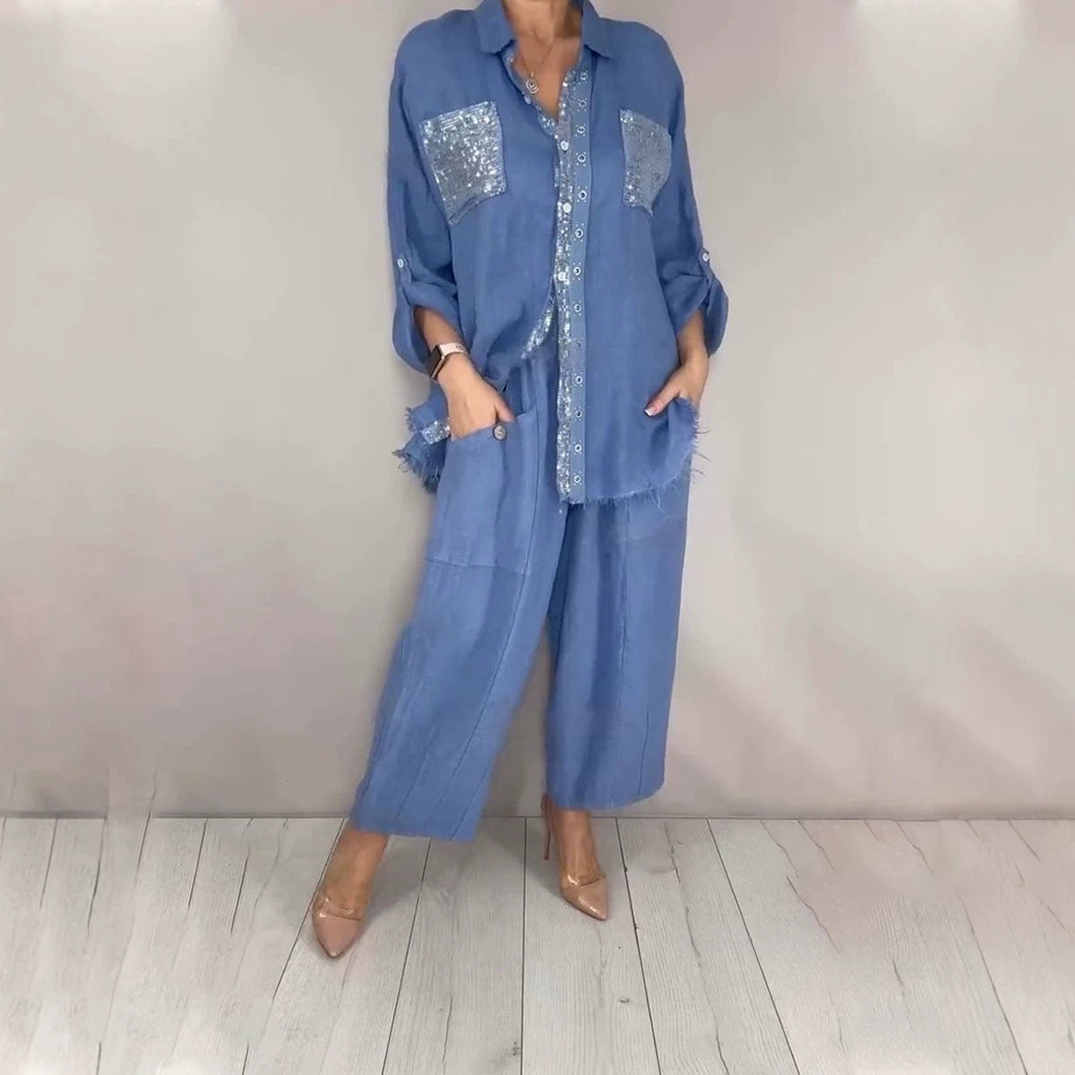 Ensemble Pantalon Femme Style Rétro — Chemise Manches Longues & Pantalon 3/4