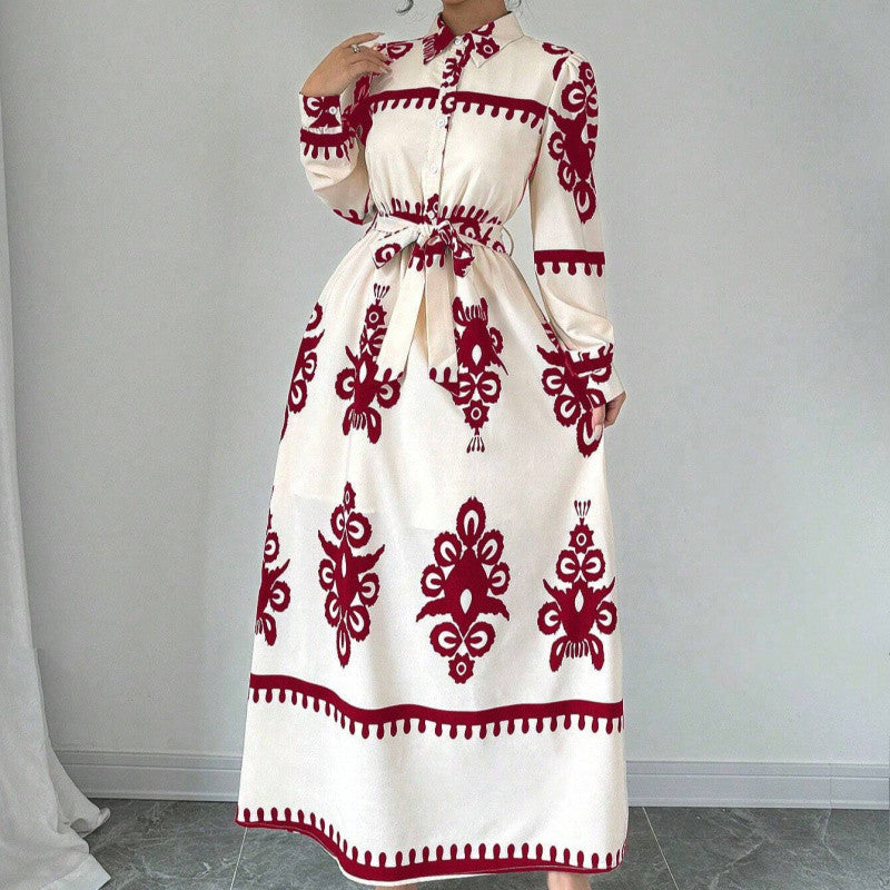Robe CHEMISE IMPRIMÉE Manches Longues – Col Rabattu, Style Bureau Chic, Femme