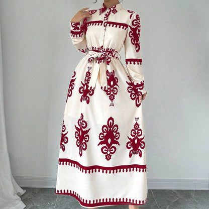 Robe CHEMISE IMPRIMÉE Manches Longues – Col Rabattu, Style Bureau Chic, Femme