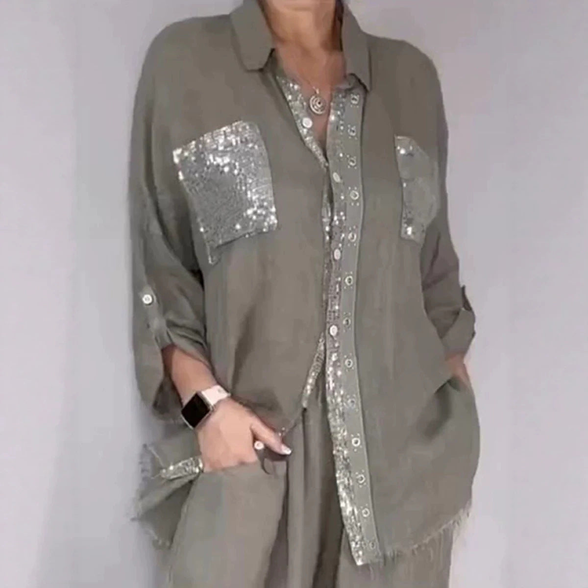 Ensemble Pantalon Femme Style Rétro — Chemise Manches Longues & Pantalon 3/4