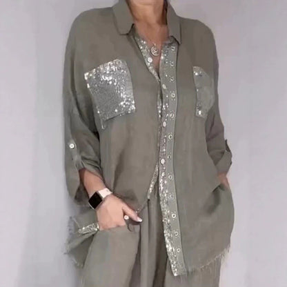 Ensemble Pantalon Femme Style Rétro — Chemise Manches Longues & Pantalon 3/4