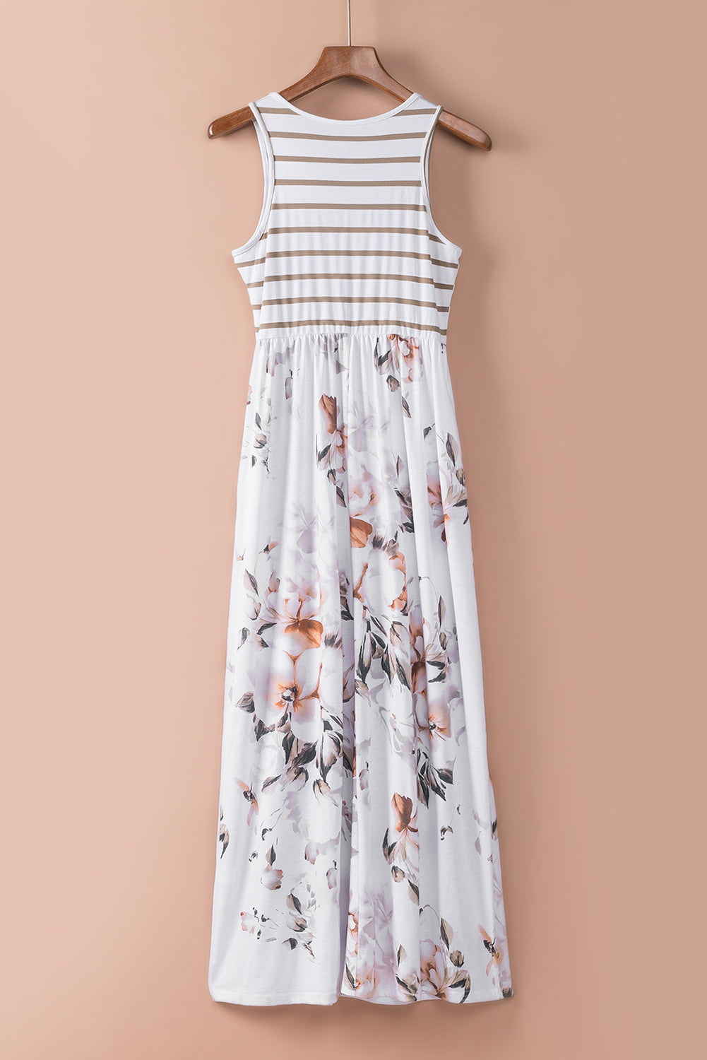 Robe Maxi Sans Manches à Imprimé Floral Rayé Blanc avec Poche