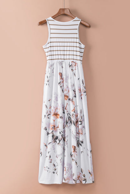 Robe Maxi Sans Manches à Imprimé Floral Rayé Blanc avec Poche