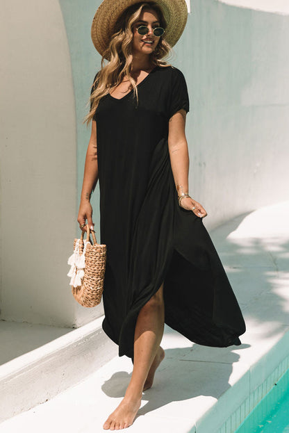 Robe Maxi — Col V, Poches Cachées, Fentes Latérales