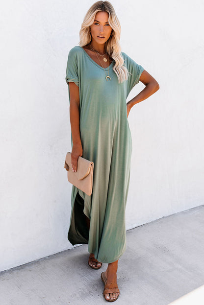 Robe Maxi — Col V, Poches Cachées, Fentes Latérales