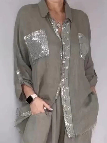 Ensemble Pantalon Femme Style Rétro — Chemise Manches Longues & Pantalon 3/4