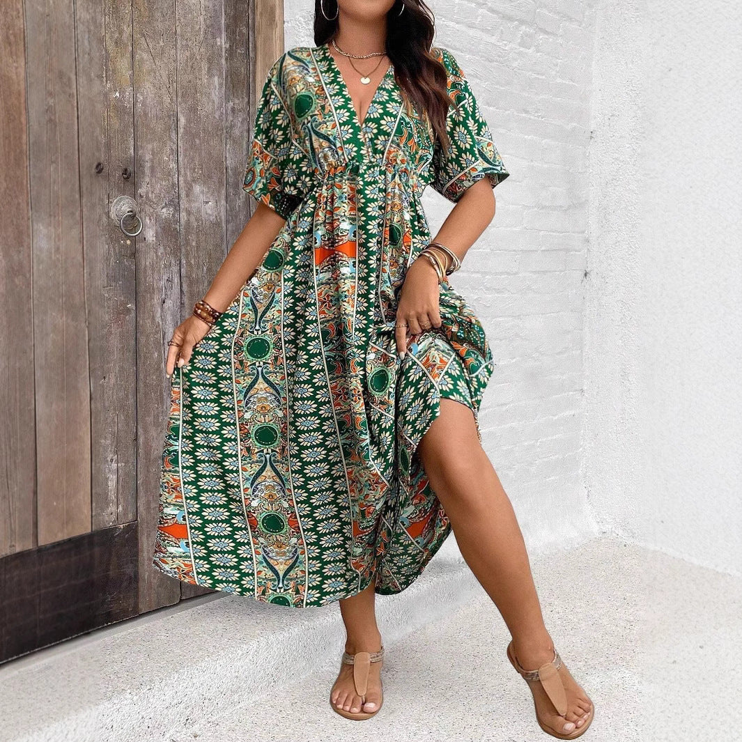 Robe Maxi Bohème Imprimée – Manches 3/4, Col V, Grande Taille