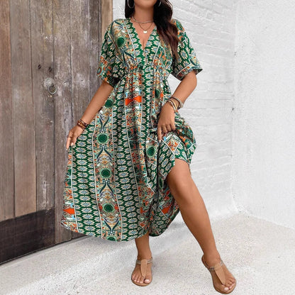Robe Maxi Bohème Imprimée – Manches 3/4, Col V, Grande Taille