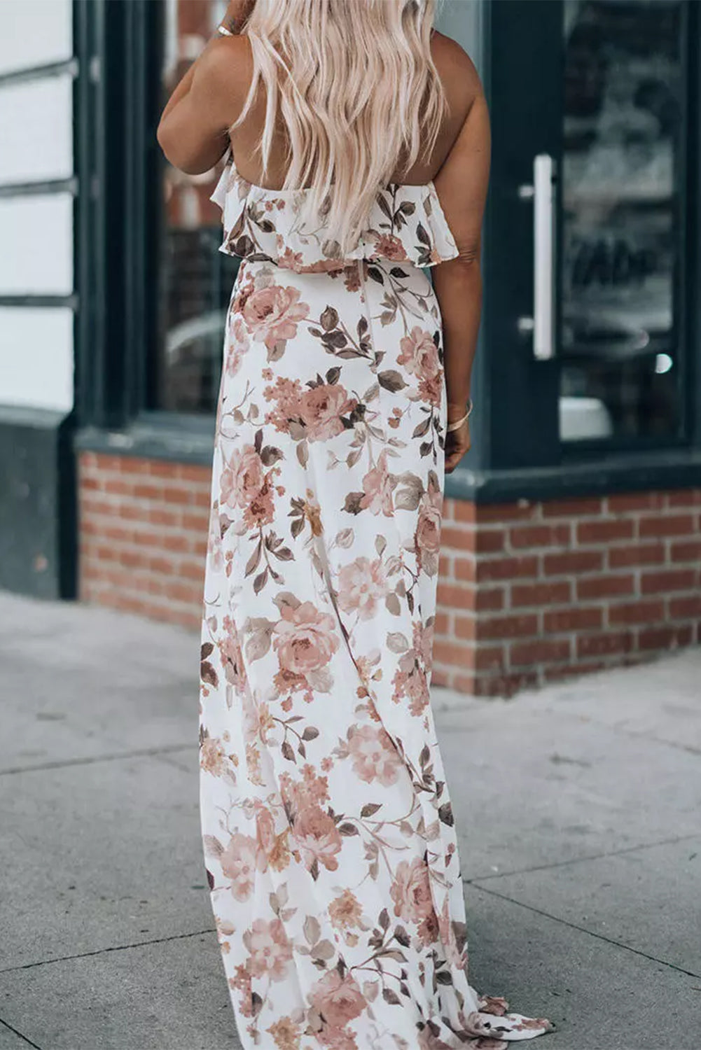 Robe Maxi Blanche Florale à Volants | Col Halter Fendue