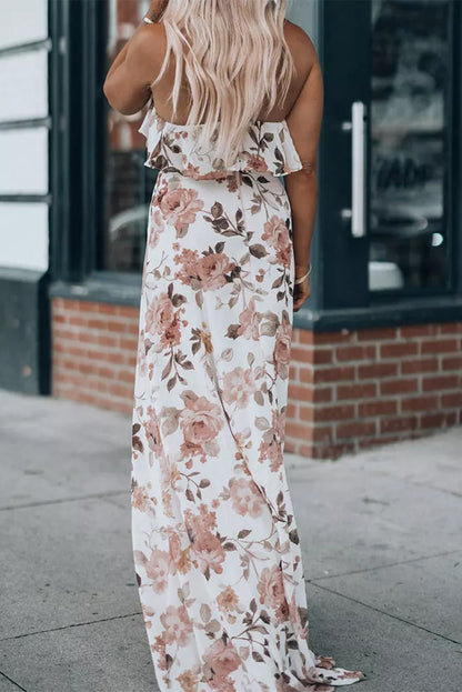 Robe Maxi Blanche Florale à Volants | Col Halter Fendue