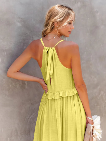 Robe Maxi Sans Manches à Volants et Poches