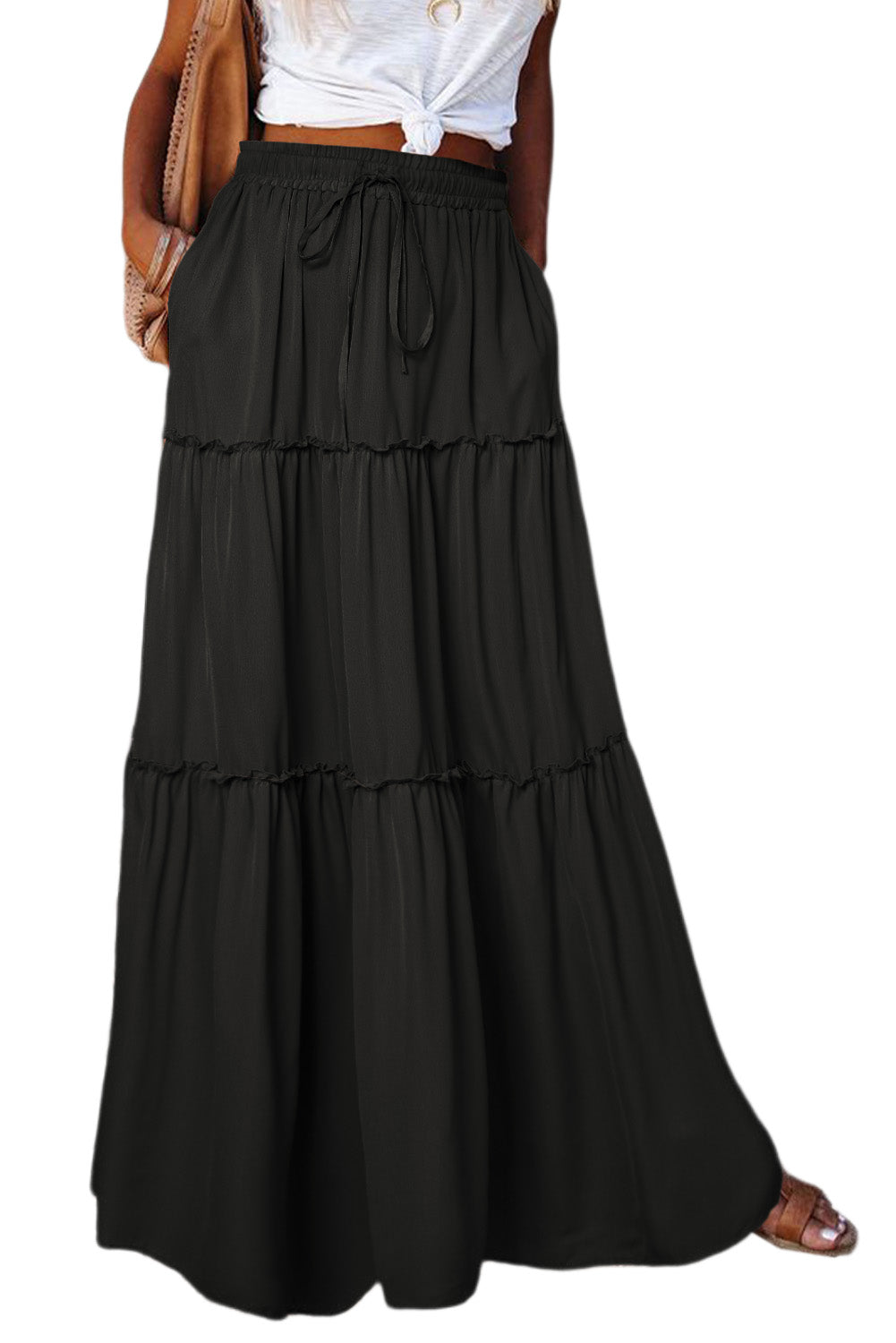 Jupe Maxi Noire à Volants – Taille Cordon, Effet Tieré