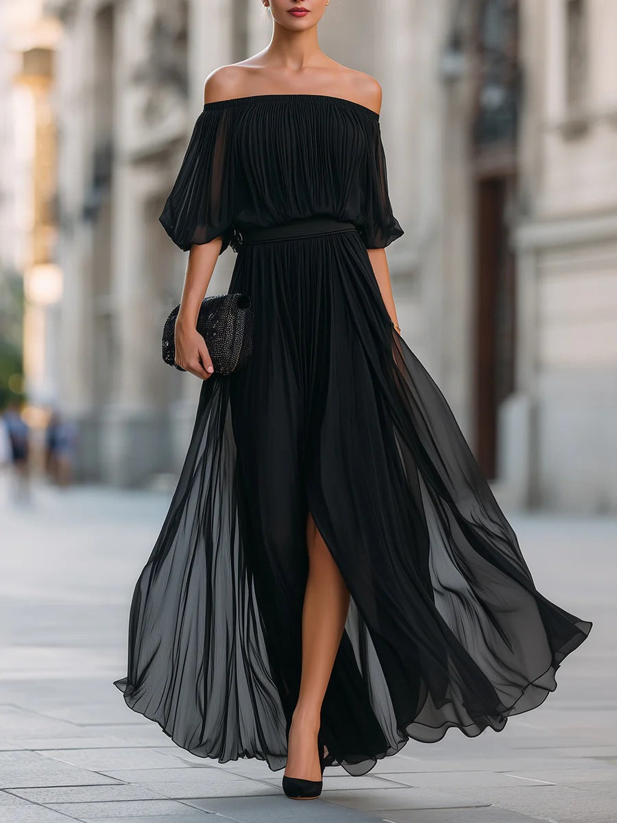 Robe Maxi Chiffon Noire Fendue – Épaule Dénudée, Jupe Fluide et Drapée