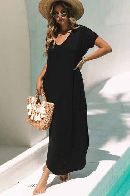 Robe Maxi — Col V, Poches Cachées, Fentes Latérales