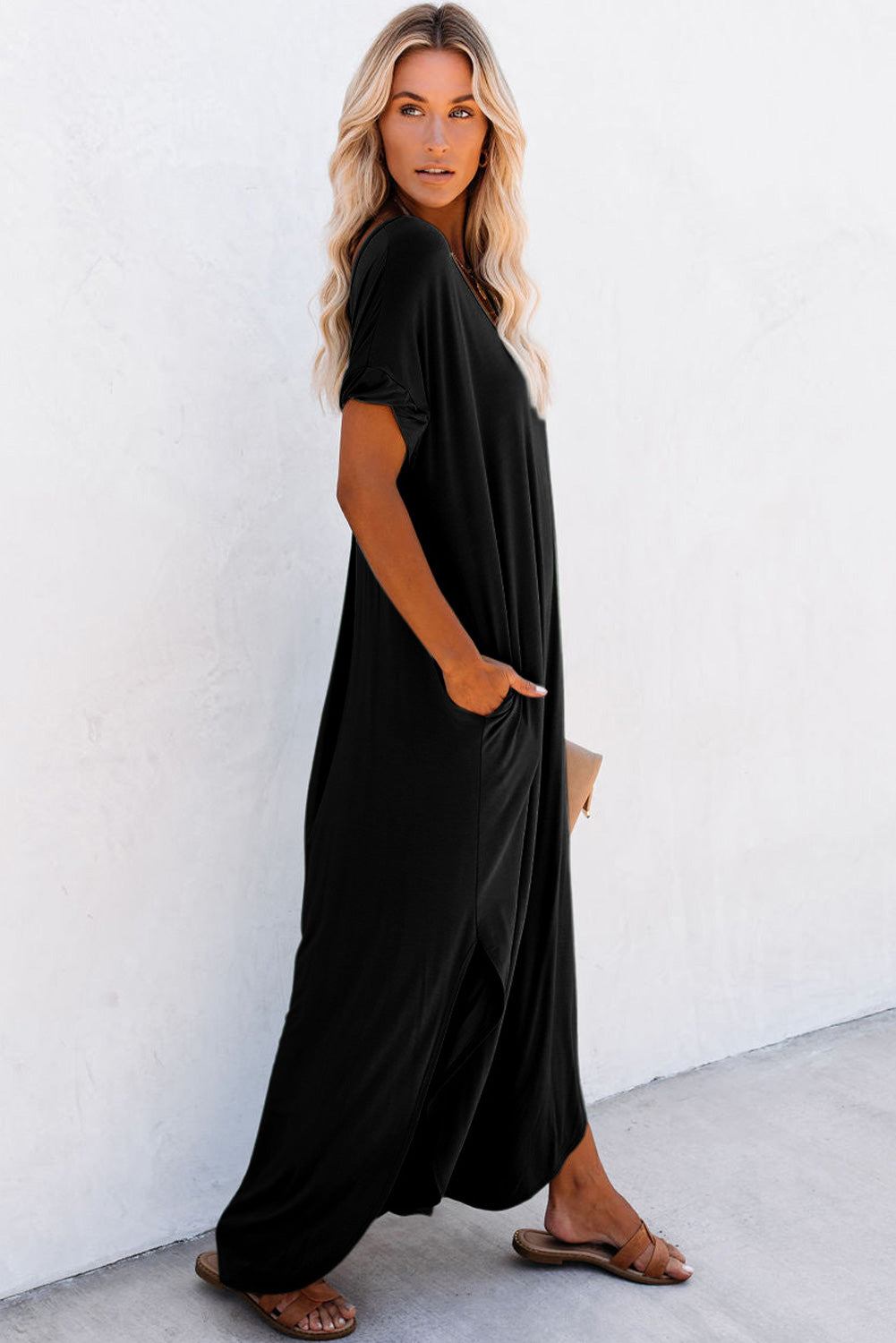 Robe Maxi — Col V, Poches Cachées, Fentes Latérales