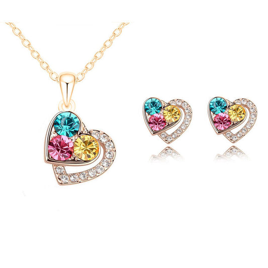 Parure Femme Cœur Diamant — Collier & Boucles d'Oreilles Colorés