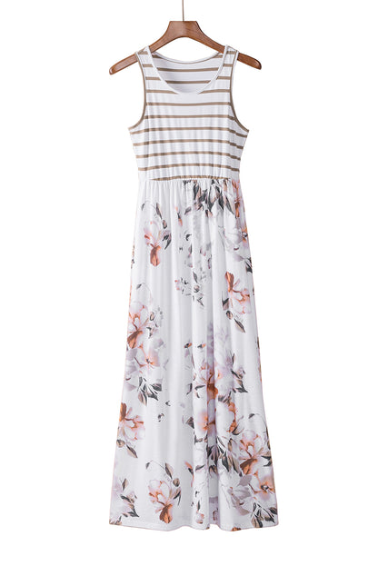 Robe Maxi Sans Manches à Imprimé Floral Rayé Blanc avec Poche