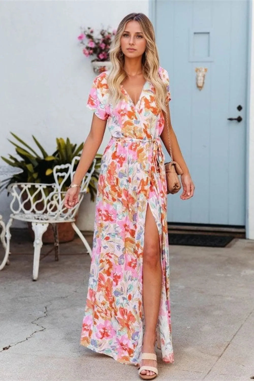 Robe Maxi Imprimée — Manches Courtes Ceinture Nouée