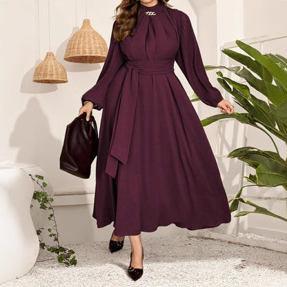 Robe Maxi Manches Longues Élégante — Couleur Unie, Manches Plissées