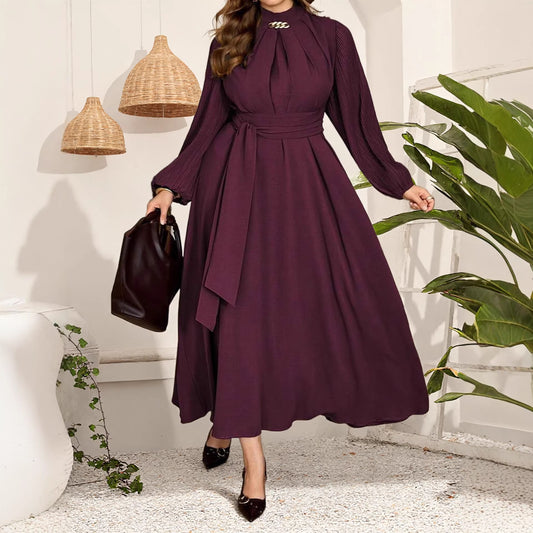Robe Maxi Manches Longues Élégante — Couleur Unie, Manches Plissées