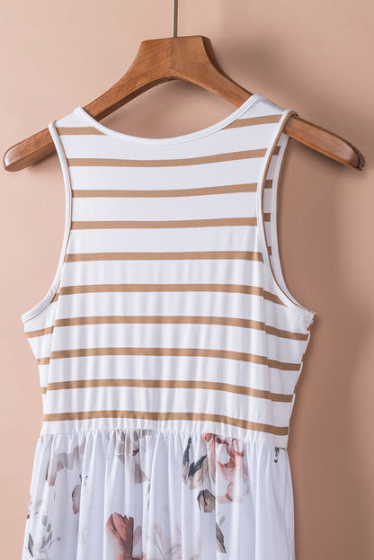 Robe Maxi Sans Manches à Imprimé Floral Rayé Blanc avec Poche