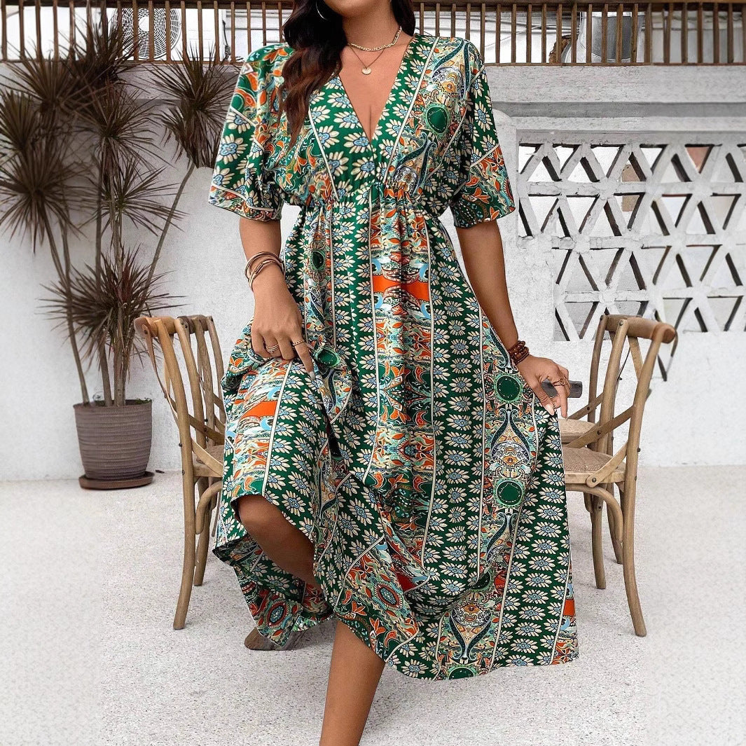 Robe Maxi Bohème Imprimée – Manches 3/4, Col V, Grande Taille