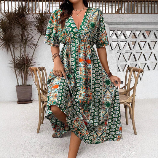 Robe Maxi Bohème Imprimée – Manches 3/4, Col V, Grande Taille