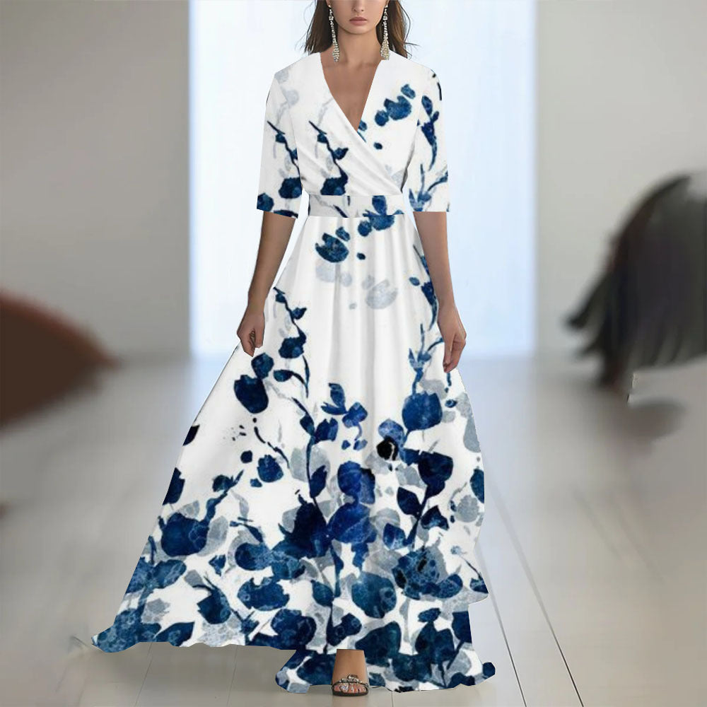 Robe Longue Fleurie à Manches Longues – Col Rond, Coupe A-Line, Fermeture Zip