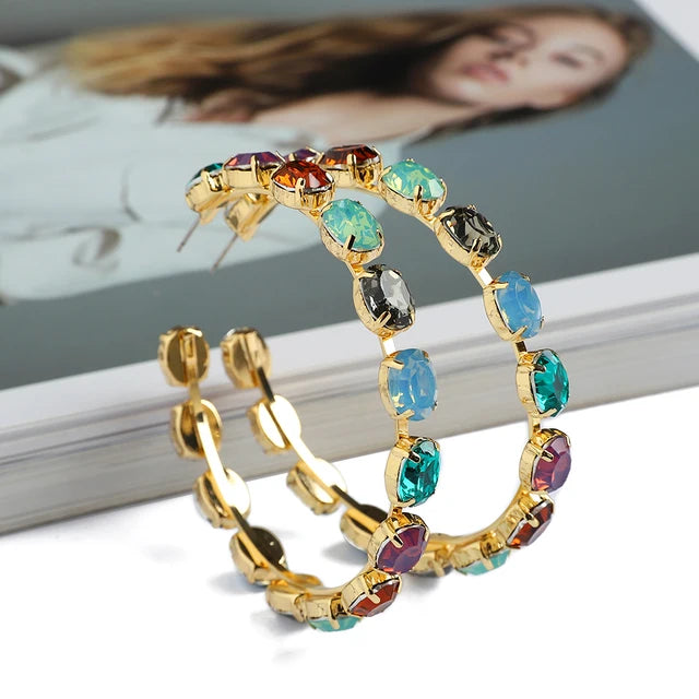 Grandes Créoles Rondes Cristal Coloré | Boucles d'Oreilles Femme Élégantes | Mariage & Soirée Luxe