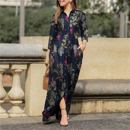 Robe Longue Florale Casual – Col lapé, Manches longues, Boutons