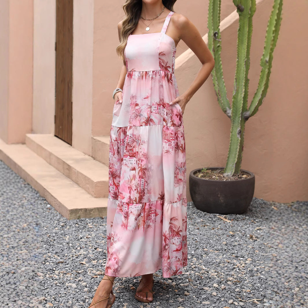 Robe Maxi Boho Florale | Col Carré Sans Bretelles | Poches