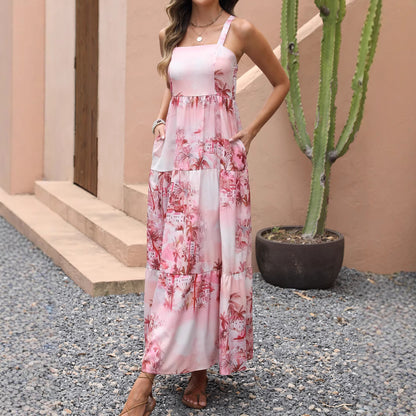 Robe Maxi Boho Florale | Col Carré Sans Bretelles | Poches