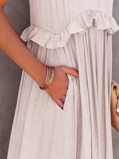 Robe Maxi Sans Manches à Volants et Poches