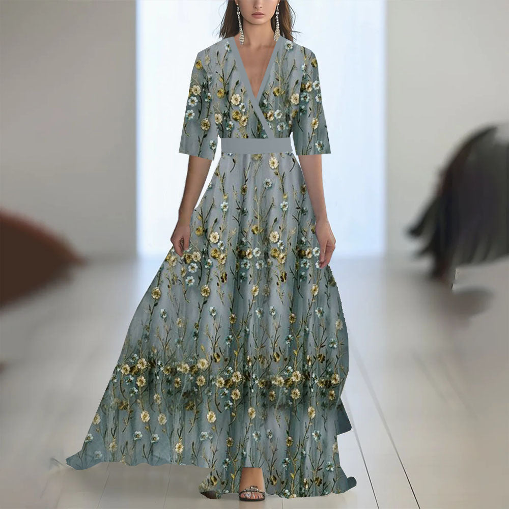 Robe Longue Fleurie à Manches Longues – Col Rond, Coupe A-Line, Fermeture Zip