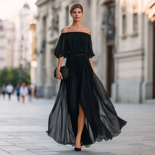 Robe Maxi Chiffon Noire Fendue – Épaule Dénudée, Jupe Fluide et Drapée
