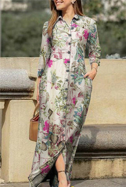 Robe Longue Florale Casual – Col lapé, Manches longues, Boutons