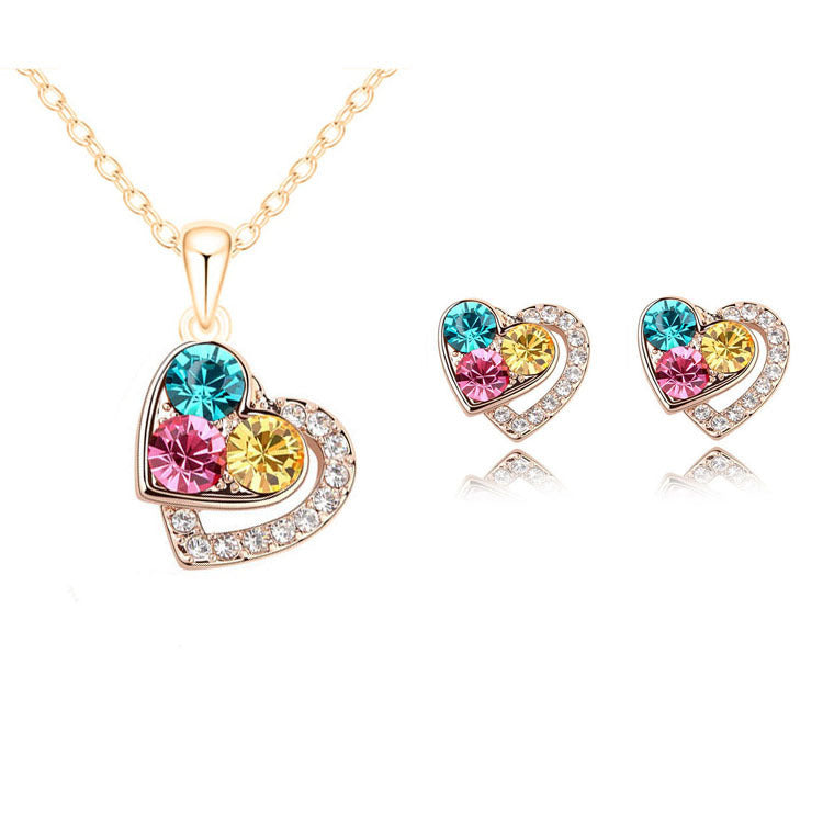 Parure Femme Cœur Diamant — Collier & Boucles d'Oreilles Colorés